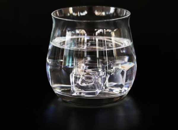 A refreshing glass of ice water placed against a dark backdrop, highlighting clarity and simplicity.